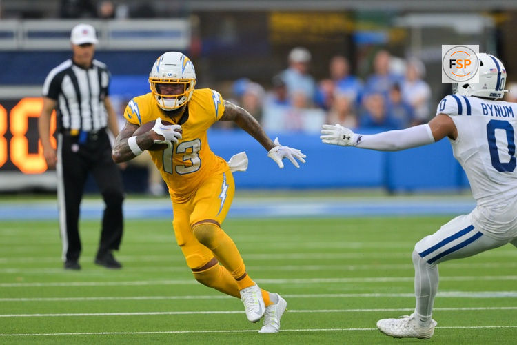Oct 19, 2025; Inglewood, California, USA; Los Angeles Chargers wide receiver Keenan Allen (13) runs the ball in the second half against the Indianapolis Colts at SoFi Stadium. Credit: Jayne Kamin-Oncea-Imagn Images