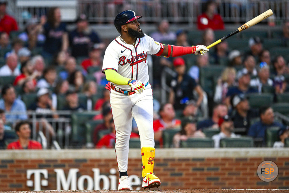 ATLANTA, GA – MAY 08:  Atlanta designated hitter Marcell Ozuna (20) hits his second home run of the game during the MLB game between the Boston Red Sox and the Atlanta Braves on May 8th, 2024 at Truist Park in Atlanta, GA. (Photo by Rich von Biberstein/Icon Sportswire)