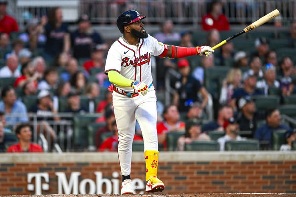 ATLANTA, GA – MAY 08:  Atlanta designated hitter Marcell Ozuna (20) hits his second home run of the game during the MLB game between the Boston Red Sox and the Atlanta Braves on May 8th, 2024 at Truist Park in Atlanta, GA. (Photo by Rich von Biberstein/Icon Sportswire)