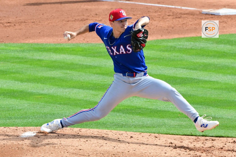 Feb 23, 2026; Tempe, Arizona, USA;  Texas Rangers pitcher Jack Leiter (22) throws in the second inning against the Los Angeles Angels during a spring training game at Tempe Diablo Stadium. Credit: Matt Kartozian-Imagn Images