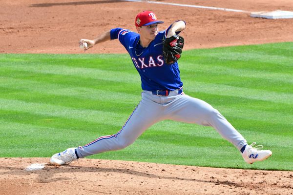 Feb 23, 2026; Tempe, Arizona, USA;  Texas Rangers pitcher Jack Leiter (22) throws in the second inning against the Los Angeles Angels during a spring training game at Tempe Diablo Stadium. Mandatory Credit: Matt Kartozian-Imagn Images