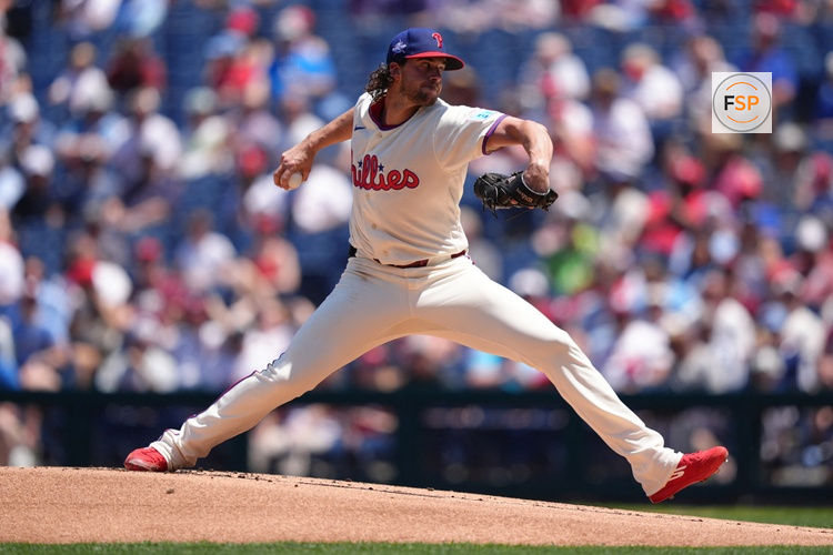 May 20, 2026; Philadelphia, Pennsylvania, USA; Philadelphia Phillies starting pitcher Aaron Nola (27) throws a pitch against the Cincinnati Reds in the first inning at Citizens Bank Park. Credit: Kyle Ross-Imagn Images