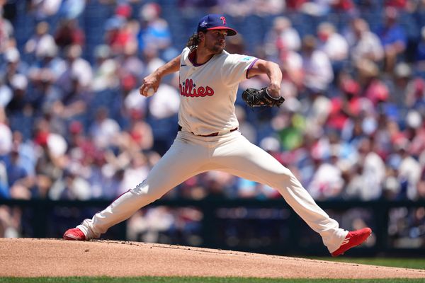 May 20, 2026; Philadelphia, Pennsylvania, USA; Philadelphia Phillies starting pitcher Aaron Nola (27) throws a pitch against the Cincinnati Reds in the first inning at Citizens Bank Park. Mandatory Credit: Kyle Ross-Imagn Images