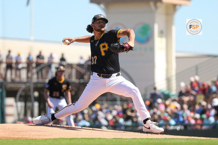 Mar 7, 2025; Bradenton, Florida, USA; Pittsburgh Pirates pitcher Jared Jones (37) throws a pitch against the Philadelphia Phillies in the first inning during spring training at LECOM Park. Credit: Nathan Ray Seebeck-Imagn Images