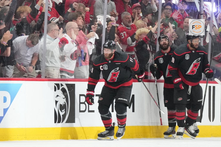 Jun 2, 2026; Raleigh, North Carolina, USA; Carolina Hurricanes center Jordan Staal (11) celebrates scoring during the second period against the Vegas Golden Knights in game one of the 2026 Stanley Cup Final at Lenovo Center. Credit: James Guillory-Imagn Images
