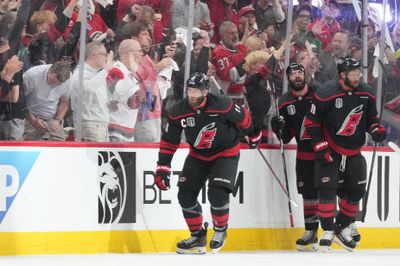 Jun 2, 2026; Raleigh, North Carolina, USA; Carolina Hurricanes center Jordan Staal (11) celebrates scoring during the second period against the Vegas Golden Knights in game one of the 2026 Stanley Cup Final at Lenovo Center. Mandatory Credit: James Guillory-Imagn Images