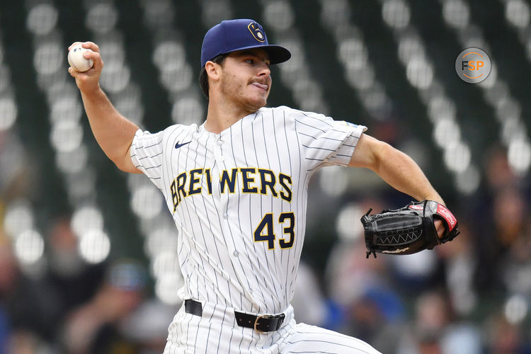 Apr 20, 2025; Milwaukee, Wisconsin, USA; Milwaukee Brewers starting pitcher Logan Henderson (43) pitches during the first inning against the Athletics in his MLB debut at American Family Field. Credit: Patrick Gorski-Imagn Images