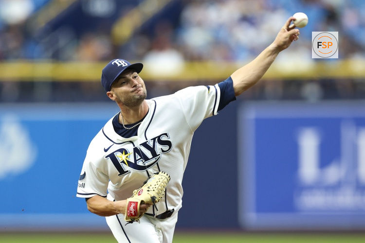 Jul 30, 2026; St. Petersburg, Florida, USA; Tampa Bay Rays starting pitcher Shane McClanahan (18) throws a pitch against the Texas Rangers in the second inning at Tropicana Field. Credit: Nathan Ray Seebeck-Imagn Images