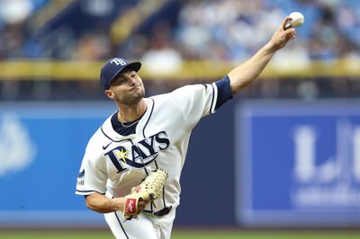 Jul 30, 2026; St. Petersburg, Florida, USA; Tampa Bay Rays starting pitcher Shane McClanahan (18) throws a pitch against the Texas Rangers in the second inning at Tropicana Field. Mandatory Credit: Nathan Ray Seebeck-Imagn Images