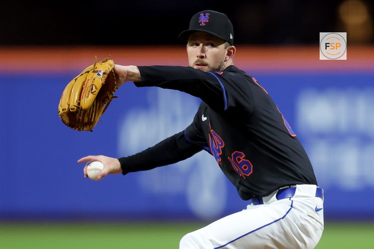 May 23, 2025; New York City, New York, USA; New York Mets starting pitcher Griffin Canning (46) pitches against the Los Angeles Dodgers during the third inning at Citi Field. Credit: Brad Penner-Imagn Images