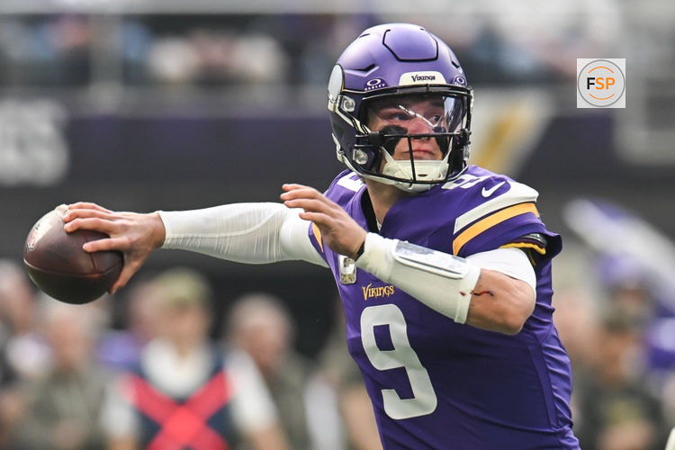 Nov 9, 2025; Minneapolis, Minnesota, USA; Minnesota Vikings quarterback J.J. McCarthy (9) throws a pass against the Baltimore Ravens during the first quarter at U.S. Bank Stadium. Credit: Jeffrey Becker-Imagn Images