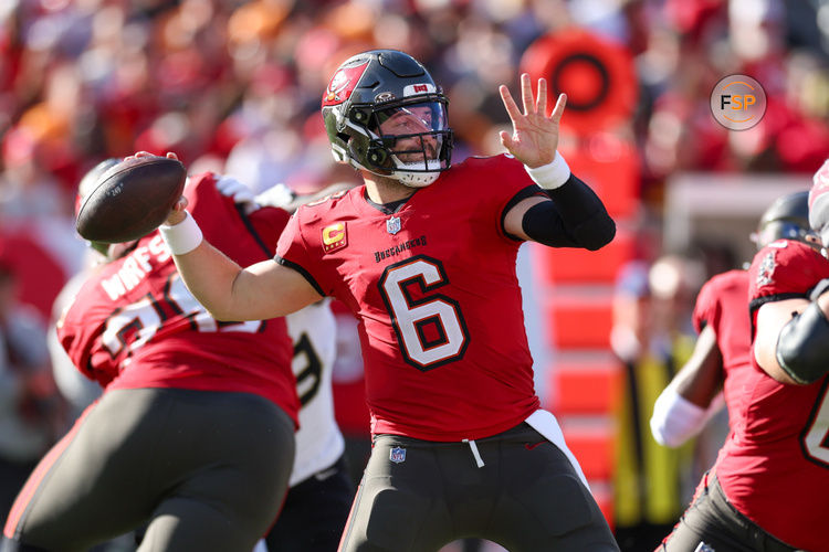 Jan 5, 2025; Tampa, Florida, USA; Tampa Bay Buccaneers quarterback Baker Mayfield (6) drops back to pass against the New Orleans Saints in the third quarter  at Raymond James Stadium. Credit: Nathan Ray Seebeck-Imagn Images