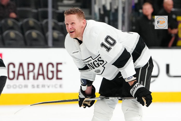 Feb 5, 2026; Las Vegas, Nevada, USA; Los Angeles Kings right wing Corey Perry (10) warms up before the start of a game against the Vegas Golden Knights at T-Mobile Arena. Credit: Stephen R. Sylvanie-Imagn Images