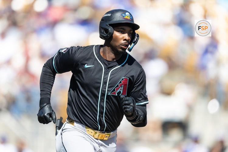 Mar 10, 2026; Phoenix, Arizona, USA; Arizona Diamondbacks designated hitter LuJames Groover against the Los Angeles Dodgers during a spring training game at Camelback Ranch-Glendale. Credit: Mark J. Rebilas-Imagn Images