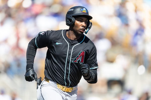 Mar 10, 2026; Phoenix, Arizona, USA; Arizona Diamondbacks designated hitter LuJames Groover against the Los Angeles Dodgers during a spring training game at Camelback Ranch-Glendale. Mandatory Credit: Mark J. Rebilas-Imagn Images