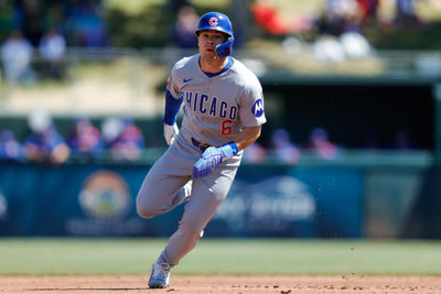 Apr 2, 2025; West Sacramento, California, USA; Chicago Cubs second base Matt Shaw (6) advances to third base on a single by outfielder Ian Happ (8) during the second inning against the Athletics at Sutter Health Park. Mandatory Credit: Sergio Estrada-Imagn Images