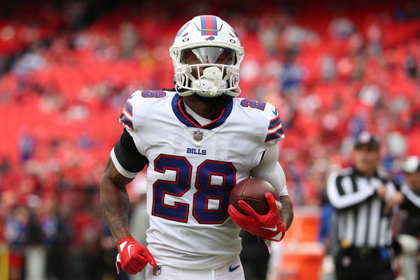 KANSAS CITY, MO - OCTOBER 16: Buffalo Bills running back James Cook (28) before an NFL game between the Buffalo Bills and Kansas City Chiefs on October 16, 2022 at GEHA Field at Arrowhead Stadium in Kansas City, MO. Photo by Scott Winters/Icon Sportswire)