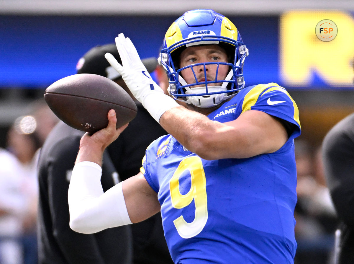 Oct 20, 2024; Inglewood, California, USA; Los Angeles Rams quarterback Matthew Stafford (9) throws a pass during warmups before the game against the Las Vegas Raiders at SoFi Stadium. Credit: Alex Gallardo-Imagn Images