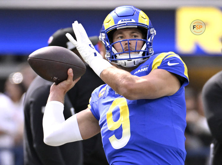 Oct 20, 2024; Inglewood, California, USA; Los Angeles Rams quarterback Matthew Stafford (9) throws a pass during warmups before the game against the Las Vegas Raiders at SoFi Stadium. Credit: Alex Gallardo-Imagn Images