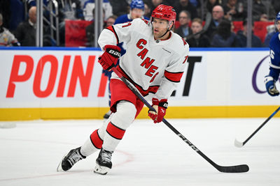 Feb 22, 2025; Toronto, Ontario, CAN;  Carolina Hurricanes forward Taylor Hall (71) skates up ice against the Toronto Maple Leafs in the second period at Scotiabank Arena. Mandatory Credit: Dan Hamilton-Imagn Images