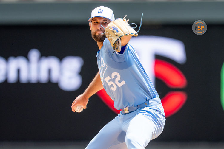May 24, 2025; Minneapolis, Minnesota, USA; Kansas City Royals starting pitcher Michael Wacha (52) throws the first pitch of the bottom of the first inning against the Minnesota Twins at Target Field. Credit: Matt Blewett-Imagn Images