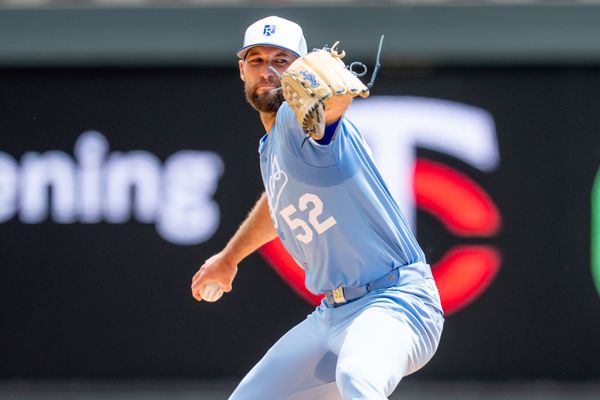 May 24, 2025; Minneapolis, Minnesota, USA; Kansas City Royals starting pitcher Michael Wacha (52) throws the first pitch of the bottom of the first inning against the Minnesota Twins at Target Field. Mandatory Credit: Matt Blewett-Imagn Images