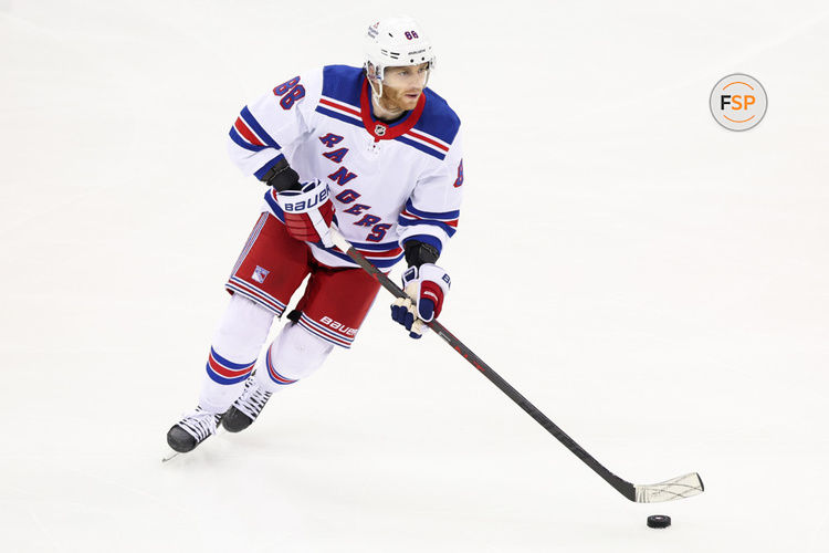 NEWARK, NJ - MAY 01: New York Rangers right wing Patrick Kane (88) skates with the puck during Game 7 of an Eastern Conference First Round playoff game between the New York Rangers and the New Jersey Devils on May 1, 2023, at Prudential Center in Newark, New Jersey. (Photo by Andrew Mordzynski/Icon Sportswire)
