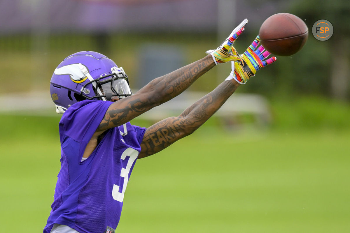 EAGAN, MN - JUNE 05: Minnesota Vikings wide receiver Jordan Addison (3) catches a pass during Minnesota Vikings Minicamp on June 5, 2024, at TCO Performance Center in Eagan, MN.(Photo by Nick Wosika/Icon Sportswire)