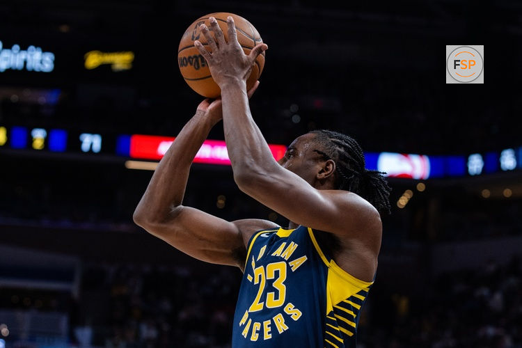 Jan 31, 2026; Indianapolis, Indiana, USA; Indiana Pacers guard/forward Aaron Nesmith (23) shoots the ball in the first half against the Atlanta Hawks at Gainbridge Fieldhouse. Credit: Trevor Ruszkowski-Imagn Images