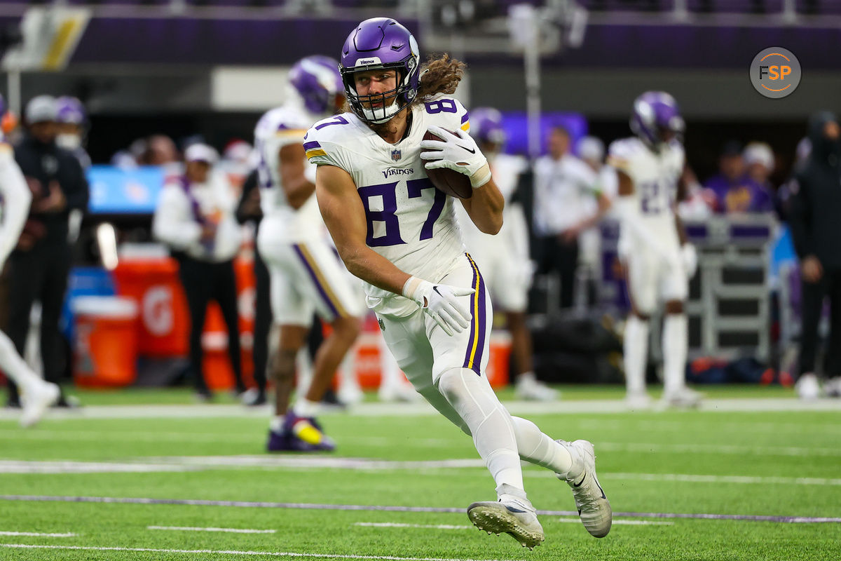 Dec 24, 2023; Minneapolis, Minnesota, USA; Minnesota Vikings tight end T.J. Hockenson (87) warms up before the game against the Detroit Lions at U.S. Bank Stadium. Credit: Matt Krohn-USA TODAY Sports