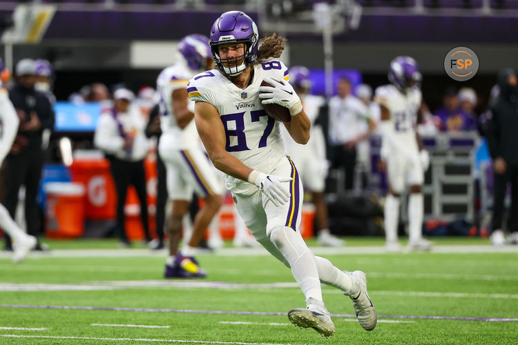 Dec 24, 2023; Minneapolis, Minnesota, USA; Minnesota Vikings tight end T.J. Hockenson (87) warms up before the game against the Detroit Lions at U.S. Bank Stadium. Credit: Matt Krohn-USA TODAY Sports