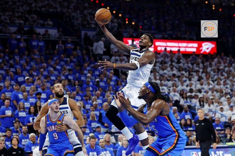 May 28, 2025; Oklahoma City, Oklahoma, USA; Minnesota Timberwolves guard Anthony Edwards (5) shoots the ball againts Oklahoma City Thunder forward Jaylin Williams (6) during the second quarter in game five of the western conference finals for the 2025 NBA Playoffs at Paycom Center. Credit: Alonzo Adams-Imagn Images