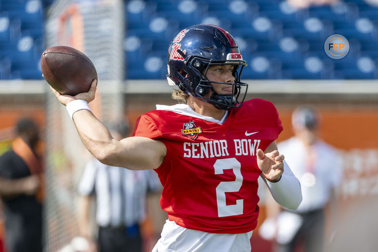 Jan 29, 2025; Mobile, AL, USA; American team quarterback Jaxson Dart of Ole Miss (2) throws the ball during Senior Bowl practice for the National team at Hancock Whitney Stadium. Credit: Vasha Hunt-Imagn Images