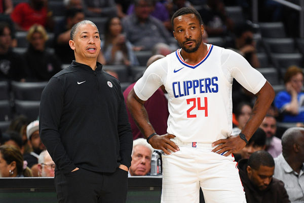 LOS ANGELES, CA - OCTOBER 17: Los Angeles Clippers Guard Norman Powell (24) looks on with head coach Tyrone Lue during a NBA exhibition game between the Denver Nuggets and the Los Angeles Clippers on October 17, 2023 at Crypto.com Arena in Los Angeles, CA. (Photo by Brian Rothmuller/Icon Sportswire)