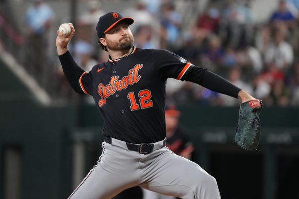 Jul 5, 2026; Arlington, Texas, USA;  Detroit Tigers pitcher Casey Mize (12) throws to the plate against the Texas Rangers during the first inning at Globe Life Field. Mandatory Credit: Raymond Carlin III-Imagn Images
