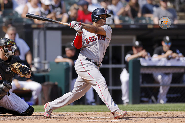 CHICAGO, IL - JUNE 24: Boston Red Sox third baseman Rafael Devers (11) bats during an MLB game against the Chicago White Sox on June 24, 2023 at Guaranteed Rate Field in Chicago, Illinois. (Photo by Joe Robbins/Icon Sportswire)