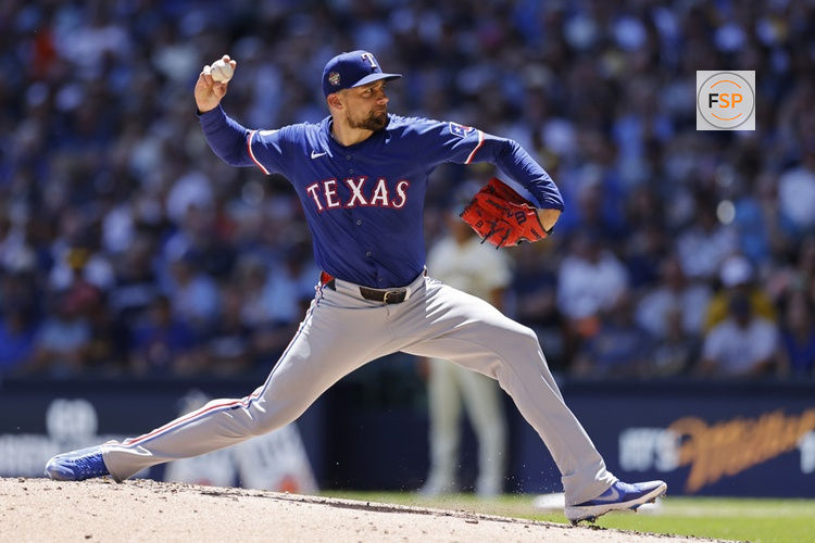MILWAUKEE, WI - JUNE 26: Texas Rangers pitcher Nathan Eovaldi (17) delivers a pitch during an MLB game against the Milwaukee Brewers on June 26, 2024 at American Family Field in Milwaukee, Wisconsin. (Photo by Joe Robbins/Icon Sportswire)