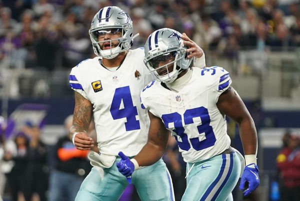 Dec 14, 2025; Arlington, Texas, USA; Dallas Cowboys running back Javonte Williams (33) celebrates with quarterback Dak Prescott (4) after a touchdown during the first half against the Minnesota Vikings at AT&T Stadium. Mandatory Credit: Raymond Carlin III-Imagn Images