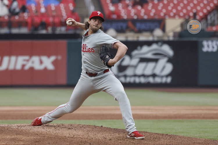 ST. LOUIS, MO - APRIL 10: Philadelphia Phillies pitcher Aaron Nola (27) delivers a pitch during an MLB game against the St. Louis Cardinals on April 10, 2024 at Busch Stadium in St. Louis, Missouri. (Photo by Joe Robbins/Icon Sportswire)