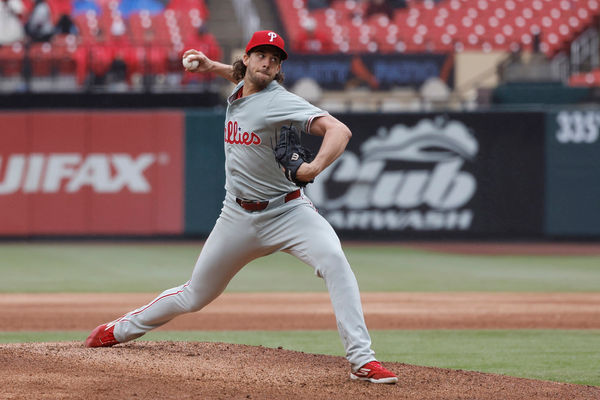 ST. LOUIS, MO - APRIL 10: Philadelphia Phillies pitcher Aaron Nola (27) delivers a pitch during an MLB game against the St. Louis Cardinals on April 10, 2024 at Busch Stadium in St. Louis, Missouri. (Photo by Joe Robbins/Icon Sportswire)