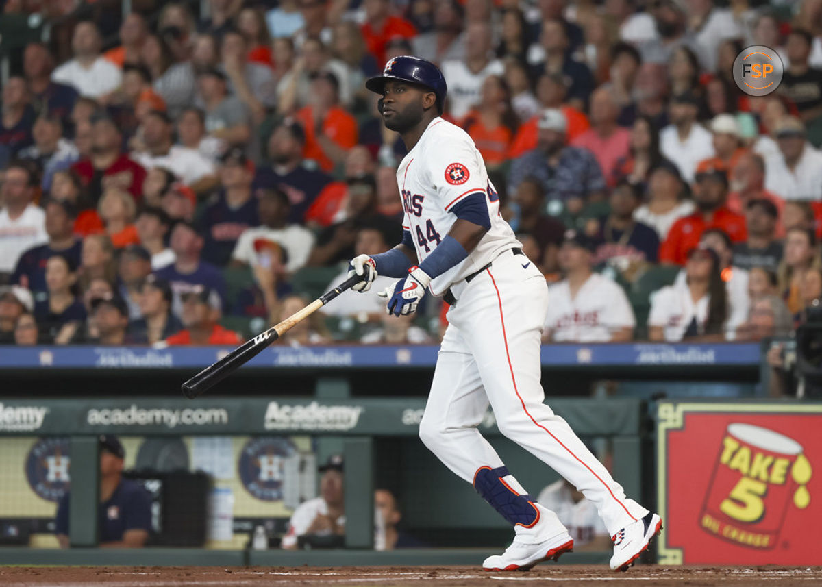 HOUSTON, TX - JUNE 15:  Houston Astros left fielder Yordan Alvarez (44) watches his hit in the bottom of the first inning during the MLB game between the Detroit Tigers and Houston Astros on June 15, 2024 at Minute Maid Park in Houston, Texas.  (Photo by Leslie Plaza Johnson/Icon Sportswire)