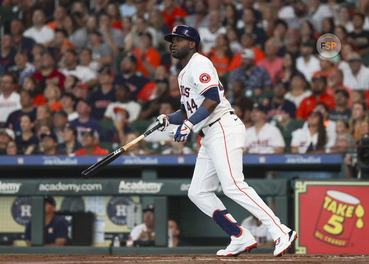 HOUSTON, TX - JUNE 15:  Houston Astros left fielder Yordan Alvarez (44) watches his hit in the bottom of the first inning during the MLB game between the Detroit Tigers and Houston Astros on June 15, 2024 at Minute Maid Park in Houston, Texas.  (Photo by Leslie Plaza Johnson/Icon Sportswire)