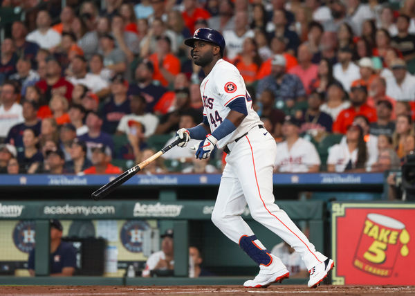 HOUSTON, TX - JUNE 15:  Houston Astros left fielder Yordan Alvarez (44) watches his hit in the bottom of the first inning during the MLB game between the Detroit Tigers and Houston Astros on June 15, 2024 at Minute Maid Park in Houston, Texas.  (Photo by Leslie Plaza Johnson/Icon Sportswire)