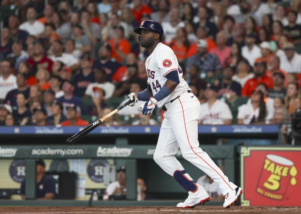 HOUSTON, TX - JUNE 15:  Houston Astros left fielder Yordan Alvarez (44) watches his hit in the bottom of the first inning during the MLB game between the Detroit Tigers and Houston Astros on June 15, 2024 at Minute Maid Park in Houston, Texas.  (Photo by Leslie Plaza Johnson/Icon Sportswire)