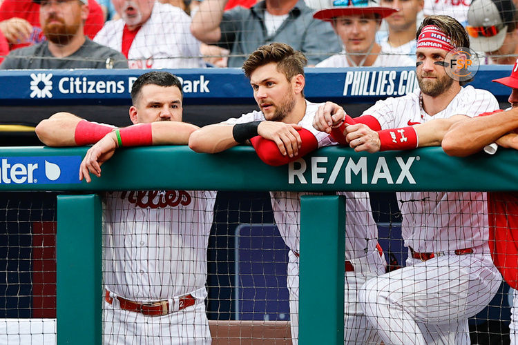 PHILADELPHIA, PA - JULY 14:   (L to R) Kyle Schwarber #12 of the Philadelphia Phillies, Trea Turner #7 of the Philadelphia Phillies and Bryce Harper #3 of the Philadelphia Phillies during the game against the San Diego Padres at Citizens Bank Park on July 14, 2023 in Philadelphia, Pennsylvania.  (Photo by Rich Graessle/Icon Sportswire)