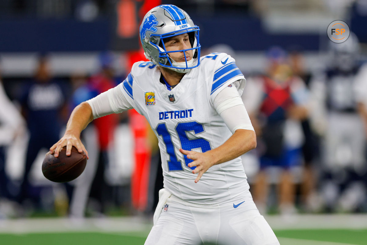 Oct 13, 2024; Arlington, Texas, USA; Detroit Lions quarterback Jared Goff (16) drops back to pass during the third quarter against the Dallas Cowboys at AT&T Stadium. Credit: Andrew Dieb-Imagn Images