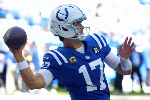 Sep 7, 2025; Indianapolis, Indiana, USA; Indianapolis Colts quarterback Daniel Jones (17) warms up before the game against the Miami Dolphins at Lucas Oil Stadium. Mandatory Credit: Trevor Ruszkowski-Imagn Images