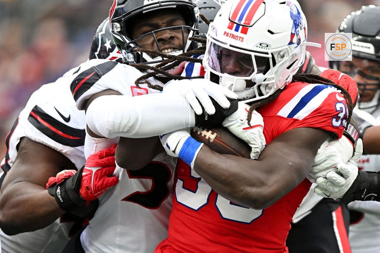 Oct 13, 2024; Foxborough, Massachusetts, USA; Houston Texans defensive end Will Anderson Jr. (51) tackles New England Patriots running back JaMycal Hasty (39) during the first half at Gillette Stadium. Credit: Brian Fluharty-Imagn Images