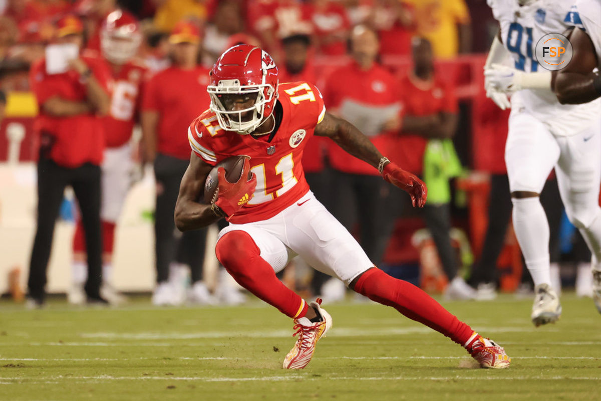 KANSAS CITY, MO - SEPTEMBER 07: Kansas City Chiefs wide receiver Marquez Valdes-Scantling (11) cuts after a catch in the second quarter of an NFL game between the Detroit Lions and Kansas City Chiefs on Sep 7, 2023 at GEHA Field at Arrowhead Stadium in Kansas City, MO. (Photo by Scott Winters/Icon Sportswire)