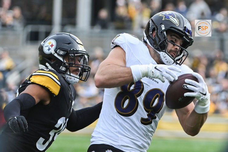Nov 17, 2024; Pittsburgh, Pennsylvania, USA; Baltimore Ravens tight end Mark Andrews (89) catches a pass in front of Pittsburgh Steelers safety Minkah Fitzpatrick (39) during the second quarter at Acrisure Stadium. Credit: Barry Reeger-Imagn Images